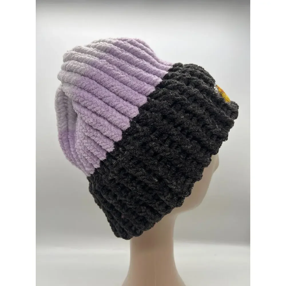 Chunky Chenille Knit Bohemian Embroidered Logo Ski Cap Beanie Hat Purple Large - Picture 3 of 7